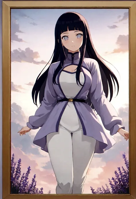 1girl, 1girl hinata full body, Hinata Hyuga, Hinata Hyuga naruto shippuden, hyuga hinata, (anime: naruto), adorable, female body, perfect body, fullbody, lavender gentle eyes, dark blue hair, dark blue long hair, beautiful, perfect body, wearing: white and...