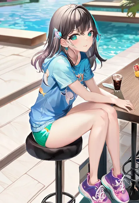 a girl sitting on barstool cushion, black stool, spread legs, dolphin shorts
