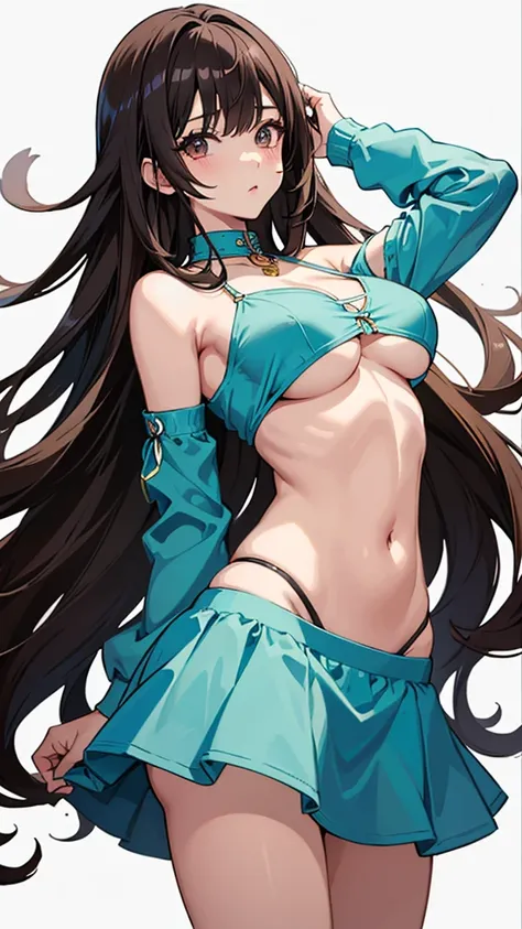 masterpiece, best quality, insanely detailed, anime style, a girl, anime, seductive anime girl, attractive anime girl,  Fine details, female anime character, Big Breasts、Big Ass、Cleavage、Tight waist、Cowboy Shot、Long Hair、dark brown hair, shiny hair, light ...