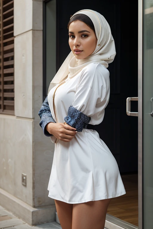 A chic very sexy lady in a form-fitting, short dress complemented by a hijab, showcasing a blend of tradition and modern fashion. -ar 1:1