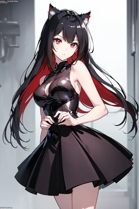 (Cat girl), (smoking), cat ears, black hair, business casual attire, cool, red dress shirt, pretty red eyes, cat tail, ((Crimson Red Eyes eyes: 1.3, Upturned Eyes: 1, Perfect Eyes, Beautiful Detailed Eyes, Gradient eyes: 1, Finely Detailed Beautiful Eyes: ...