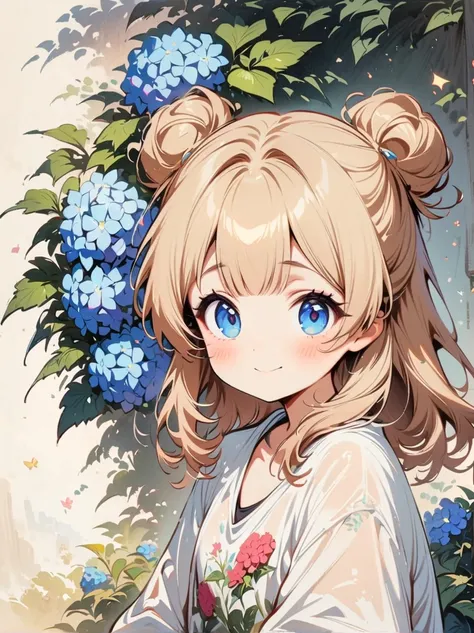 hydrangea(masterpiece, best quality:1.2), cartoonish character design，1 girl, alone，big eyes，cute expression，two hair buns，flora...