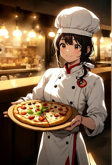 Character inspired by Disney Pixar of a black pizza maker with a white cap, Camisa do Chef, Is smiling, Holding a pizza in hand inside a restaurant