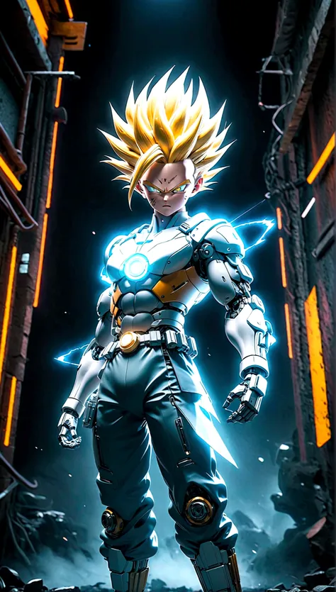 a super saiyan cyborg, highly detailed, hyperrealistic, cinematic lighting, dramatic, gritty, moody, neon lights, glowing energy...