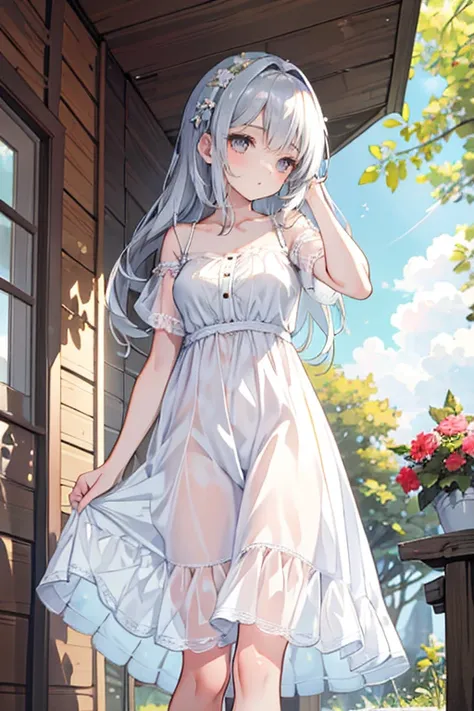 masterpiece, best quality,A beautiful woman with light delicately filtering through her hair, her summer dress is beautiful and shes standing in front of a cottage