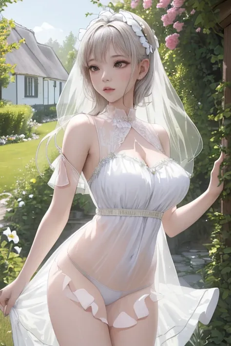 masterpiece, best quality,A beautiful woman with light delicately filtering through her hair, her summer semi-transparent dress is beautiful, shes using a white leotard under her semi-transparent dress and shes standing in front of a cottage