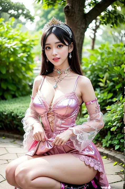 nsfw, sexy golden Thai princess, only 1 female, ((doll-like appearance)), short neon pink stylish hair, ((shiny Victorian-Style boots)), (big smile), ultra detailed eyes, vivid eye makeup, lipgloss, long lashes, defined eyebrows, ((sexy Paradise Kiss cospl...