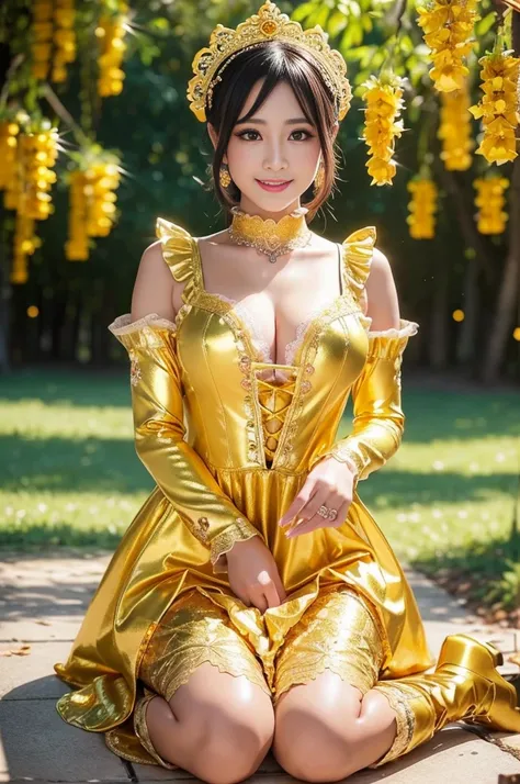 nsfw, sexy golden Thai princess, only 1 female, ((doll-like appearance)), short fuchsia stylish hair, ((shiny Victorian-Style boots)), (big smile), ultra detailed eyes, vivid golden eye makeup, lipgloss, long lashes, defined eyebrows, ((sexy golden Paradis...