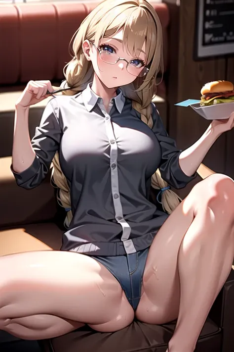 masterpiece, best quality, 1girl, long hair, glasses, burger, bored, braid,