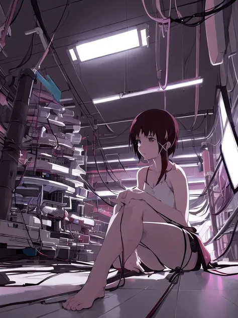 1girl, avant garde style, stacks of cathode ray tubes, wires, cords, night, (looking away:1.3), indoors, flooring, sitting exhau...