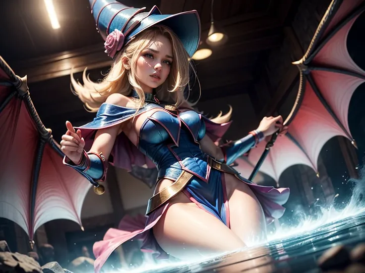 (Obra-prima:1.2), (A melhor qualidade:1.2), perfect lighting, Dark Magician Girl casting a spell, em batalha, Fight a red-skinned dragon.Na casa dos vinte, flutuando no ar, Visible medium breasts, escote transparente, manto azul, big hat, desde cima, Brilh...