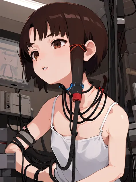 1girl, iwakura lain, brown eyes, camlain, white camisole, indoors, dark room, (cable:1.4), pipe, crt monitor, electrode on lips,...