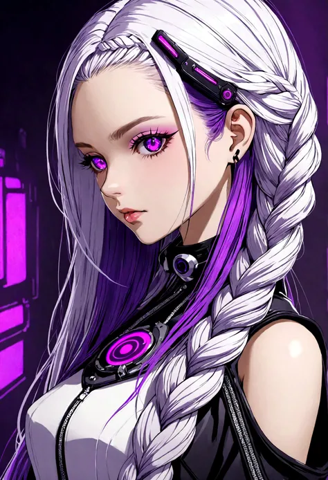 Purple and white gradient braided long hair girl, cyber punk