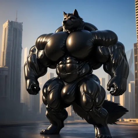 solo, male, , , ,  (hyper pecs:1.4), （long thick thighs:1.5）, standing, indoor,，(，,(,solo,very hyper muscles:1.3)((,Huge bulge：1.2))）), ，（((liquid_latex, , rubber:1.2)，,black latex，goo transformation，(gooey)()(l）wolf，unreal engine,perfect light，detailed, p...