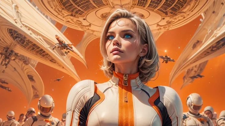 arafed image of a white woman in a futuristic suit with a spaceship in the background, movie art, in front of an orange background, inspired by Robert McGinnis, female protagonist, megastructure in the background, portrait of an ai astronaut, astronauts, a...