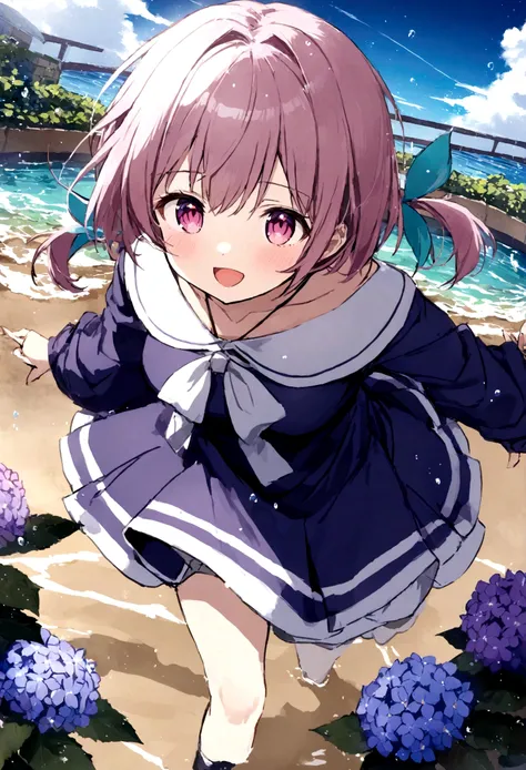 (alone), cute (One girl) walk,path,[From below:1.2],short hair, puddle,Water reflection,rain,Floating water droplets,Hydrangea,(Blurred foreground),Dynamic Angle,asphalt,(Night Sky),Lens flare,, Off-shoulder oversized shirt,(Sparkling:1.2), ((Sleeves are l...