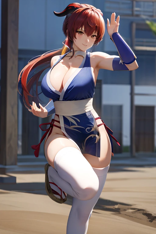 masterpiece, best quality, beautiful art, high resolution, well formed hands, body and fingers, 1 woman, solo, Ganyu, goat horns , adult, grown up, adult, big breasted, cleavage, full body, long hair, hair ornament, gorgeous legs and thighs, blue_kunoichi_...