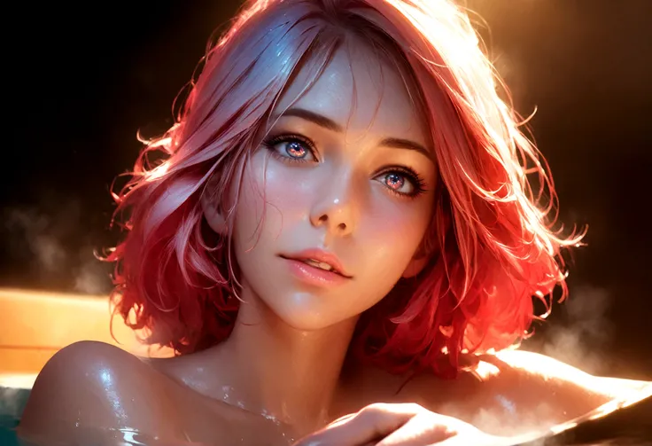 1girl, sayla mass from gundam, taking a bath, detailed face, beautiful detailed eyes, beautiful detailed lips, extremely detailed face and eyes, long eyelashes, warm bath water, steam, relaxed expression, high quality, 8k, photorealistic, masterpiece, digi...