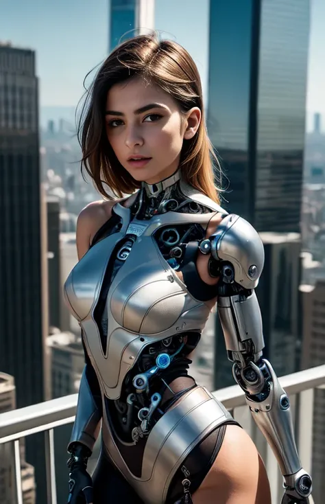 Sexual relationship between a male cyborg and a female cyborg on the roof of a skyscraper, high quality, best quality, absurdres, masterpiece, beautiful, intricate details, 1/2 body crop, slim body, beautiful figure, magnificent anatomy, (intricate details...