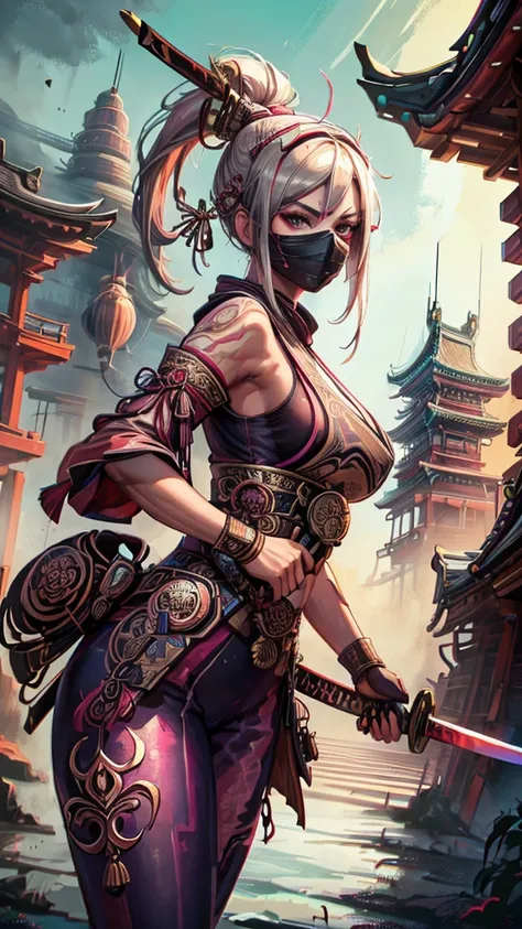 beautiful asassin woman wear mask,,holding katana,background of huge pagoda,extra detailed,ultra hd,realistic 