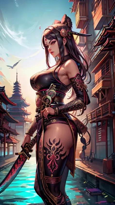 beautiful asassin woman wear mask,,holding katana,background of huge pagoda,extra detailed,ultra hd,realistic 