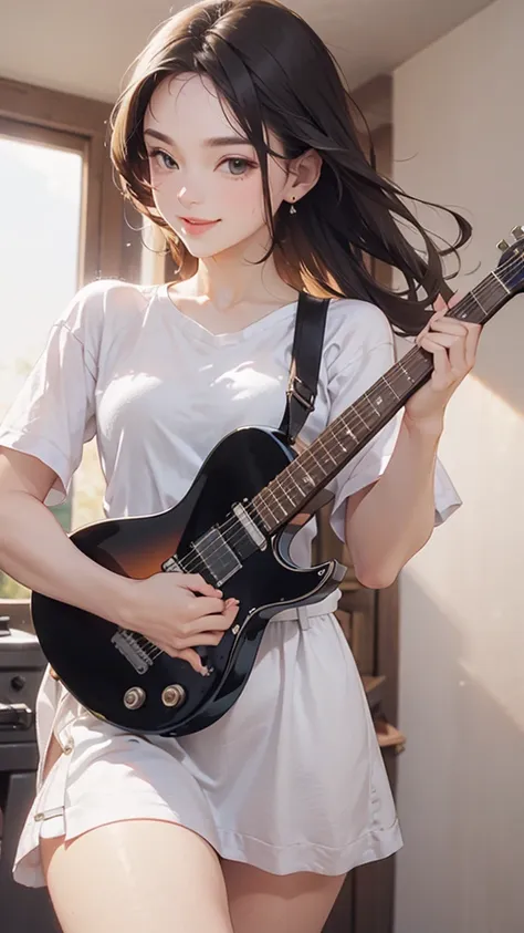 a guitar dancing, smile on its face