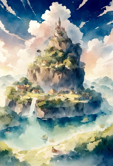 A beautiful watercolor illustration of Neverland Island.