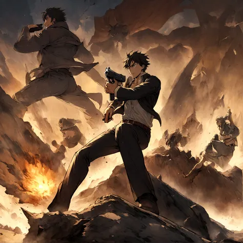 (((obra-prima))), qualidade excepcional, Ultra-detailed illustration, dynamic picture, Spike Spiegel, pistola, intense action scene.
(Remarks) Expanded upon the given prompt by adding more descriptive tags and emphasizing the dynamic action scene involving...