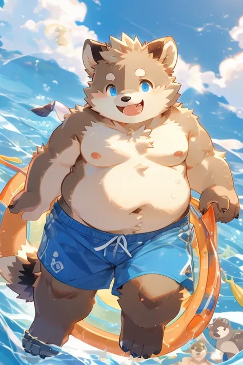 raccoon，overweight，only swimming shorts，in the sea，tanned skin，blue eyes，cute，happy，playing in the water，swimming ring，