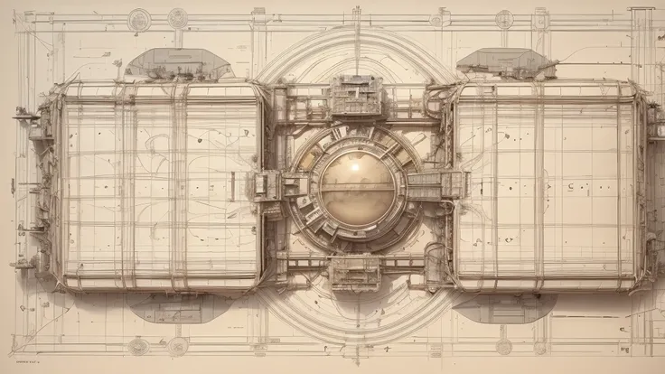 International space station blueprints on a light cream colored tabletop, top down view