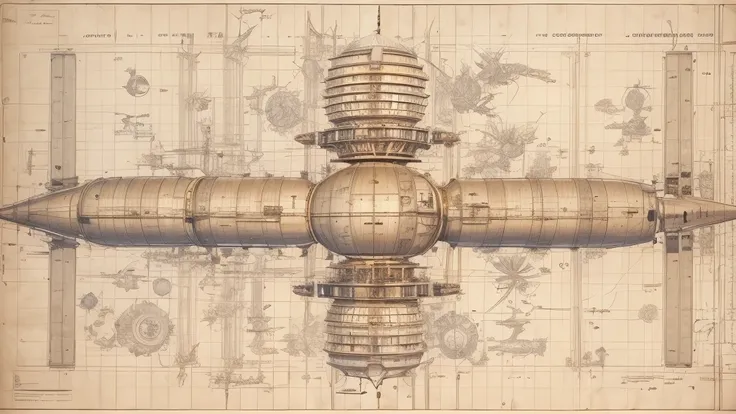 International space station blueprints on a light cream colored tabletop, top down view