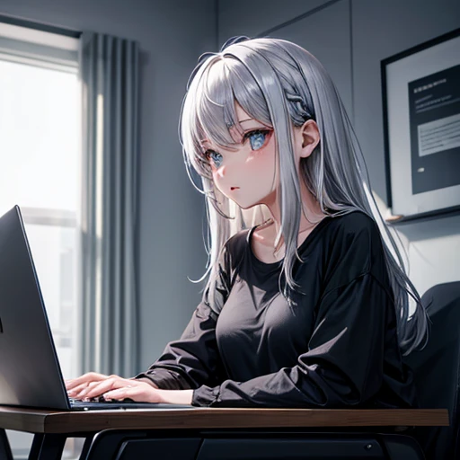 sitting working on a laptop、A young woman with gray hair wearing a black T-shirt and a blue coat, Her power is technology, Semi realism