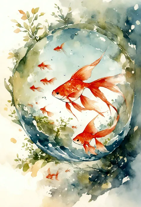 A beautiful watercolor illustration of 1 goldfish.