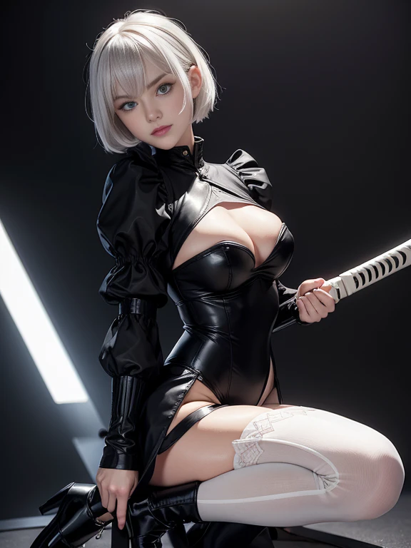 8K,Masterpiece,One woman,(Combat pose),Holding a naginata,Smile,30 years old,blue eyes,White Hair,Short Bob Hair,(Gothic Lolita),Dutch beauty,Ella Freya（Ella Freya),(White panties),2b, short hair, Knee socks, gloves, Long sleeve, dress, Slender figure, Cle...