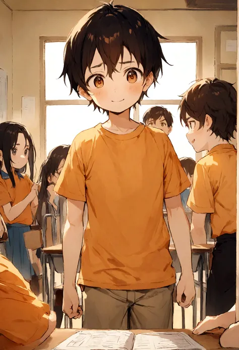 A cute 9-year-old boy named Alex Janny wearing an orange t-shirt standing in the classroom with a subtle smile on his face, while the teacher and students look concerned ((cute))