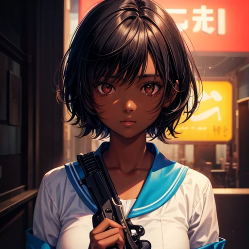 Hair cut short、Dark skinned tomboy girl, illustrated by aoiro studio and masaaki komori, Super detailed, Neon Light, Cinema Lighting, Matte Paint, Painted in oil painting style, Trending on Art Station, modern art, Surreal and dreamy atmosphere.holding a r...