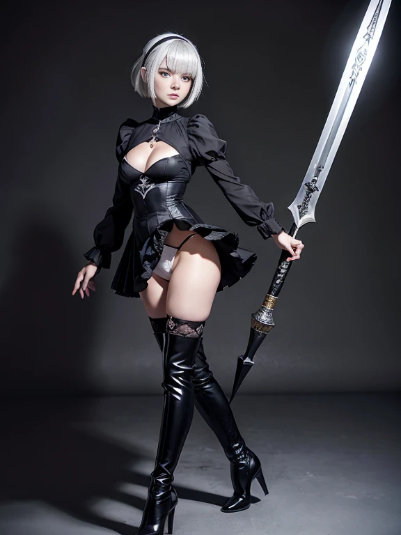 8K,Masterpiece,One woman,(Combat pose),Holding a naginata,Smile,30 years old,blue eyes,White Hair,Short Bob Hair,(Gothic Lolita),Dutch beauty,Ella Freya（Ella Freya),(White panties),2b, short hair, Knee socks, gloves, Long sleeve, dress, Slender figure, Cle...