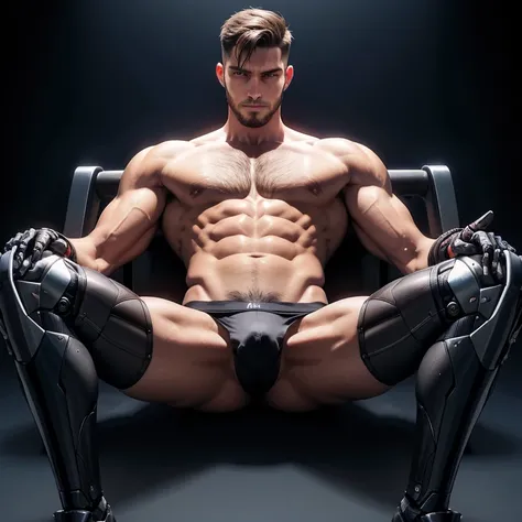 tall bionic man, corpo atletico, primeiro o rei, pelos corporais, cabelo curto loiro, barba desenhada, cueca branca, LARGE BULGE IN THE UNDERWEAR, flexed biceps, robotic artificial leg prosthesis, Homem com pernas amputadas,Robotic legs, big buttock,  ambi...