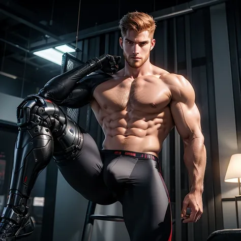 tall bionic man, corpo atletico, primeiro o rei, pelos corporais, ginger hair, barba desenhada, cueca branca, LARGE BULGE IN THE UNDERWEAR, flexed biceps, robotic artificial leg prosthesis, Homem com pernas amputadas,Robotic legs, big buttock,  ambiente de...