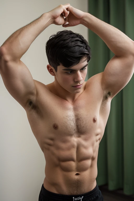 Young white man, 17 years old , black hair, military haircut, fixed green eyes, sharp features, no facial or body hair, height 1.93, weight 100 kg, muscular aesthetic build , six pack  , broad shoulders, wide back,V-shaped body, perfil entire view,  