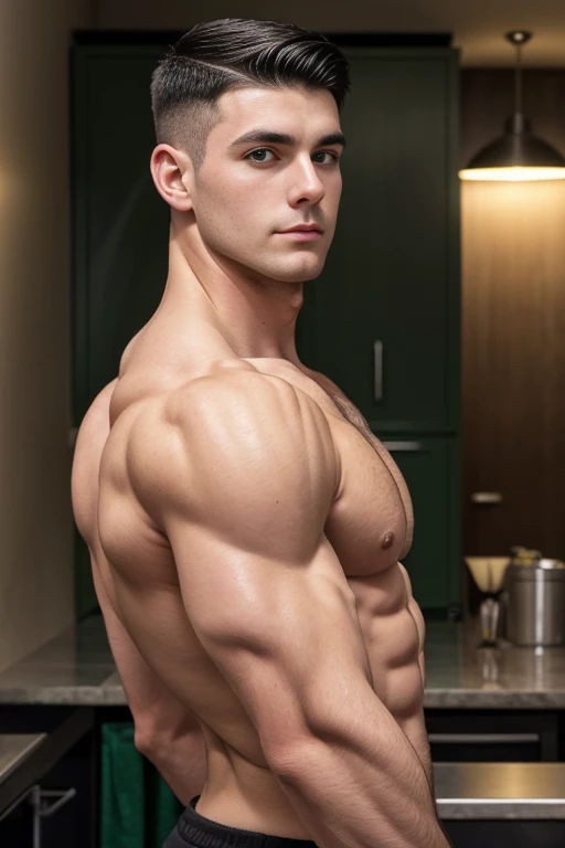 Young white man, 17 years old , black hair, military haircut, fixed green eyes, sharp features, no facial or body hair, height 1.93, weight 100 kg, muscular aesthetic build , six pack  , broad shoulders, wide back,V-shaped body, perfil entire view,  