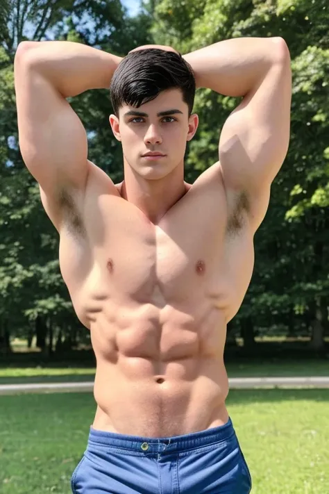 Young white man, 17 years old , black hair, military haircut, fixed green eyes, sharp features, no facial or body hair, height 1.93, weight 100 kg, muscular aesthetic build , six pack  , broad shoulders, wide back,V-shaped body, perfil entire view,  