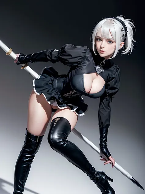 8K,Masterpiece,One woman,(Combat pose),Holding a naginata,Smile,30 years old,blue eyes,White Hair,Short Bob Hair,(Gothic Lolita),Dutch beauty,Ella Freya（Ella Freya),(White panties),2b, short hair, Knee socks, gloves, Long sleeve, dress, Slender figure, Cle...