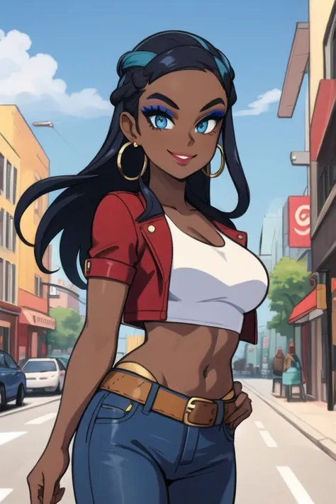 masterpiece, best quality, solo, 1girl, nessacasual, dark skin, makeup, smile, looking at viewer, standing, opened red jacket, white tank-top, ((midriff)), medium breasts, cleavage, tight blue denim pants, belt, hoop earrings, outdoors, city street
