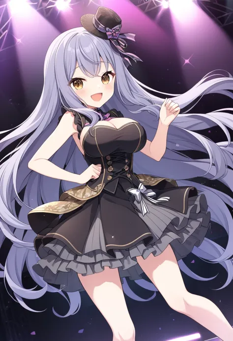 Hiiragitsumugi, Lavender Grey hair, long voluminous hair, brownish yellow eyes,, large breasts,, Live Stage, solo,