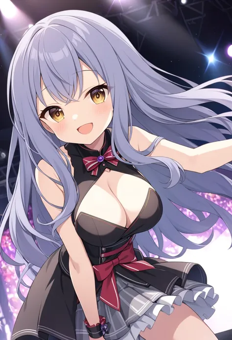 Hiiragitsumugi, Lavender Grey hair, long voluminous hair, brownish yellow eyes,, large breasts,, Live Stage, solo,