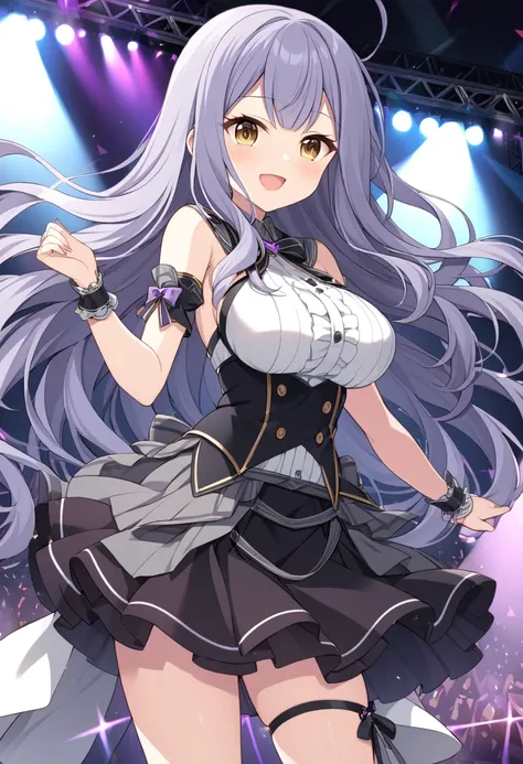 Hiiragitsumugi, Lavender Grey hair, long voluminous hair, brownish yellow eyes,, large breasts,, Live Stage, solo,