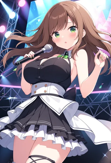 HiroseKoharu, brown hair, straight medium hair, green eyes,, large breasts,, Live Stage, solo,