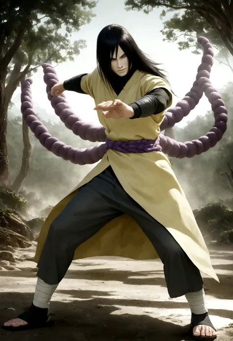 orochimaru from the naruto universe, powerful, imposing, combat pose, dense forest, photorealistic