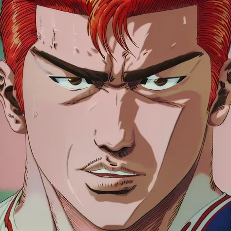 Close-Up of Face, Sakuragi Hanamichi1, red hair, short hair, pompadourshirt, buzz cut, Funny expression, (masterpiece, best quality, Professional, perfect composition, very aesthetic, absurdres, ultra-detailed, intricate details:1.3)